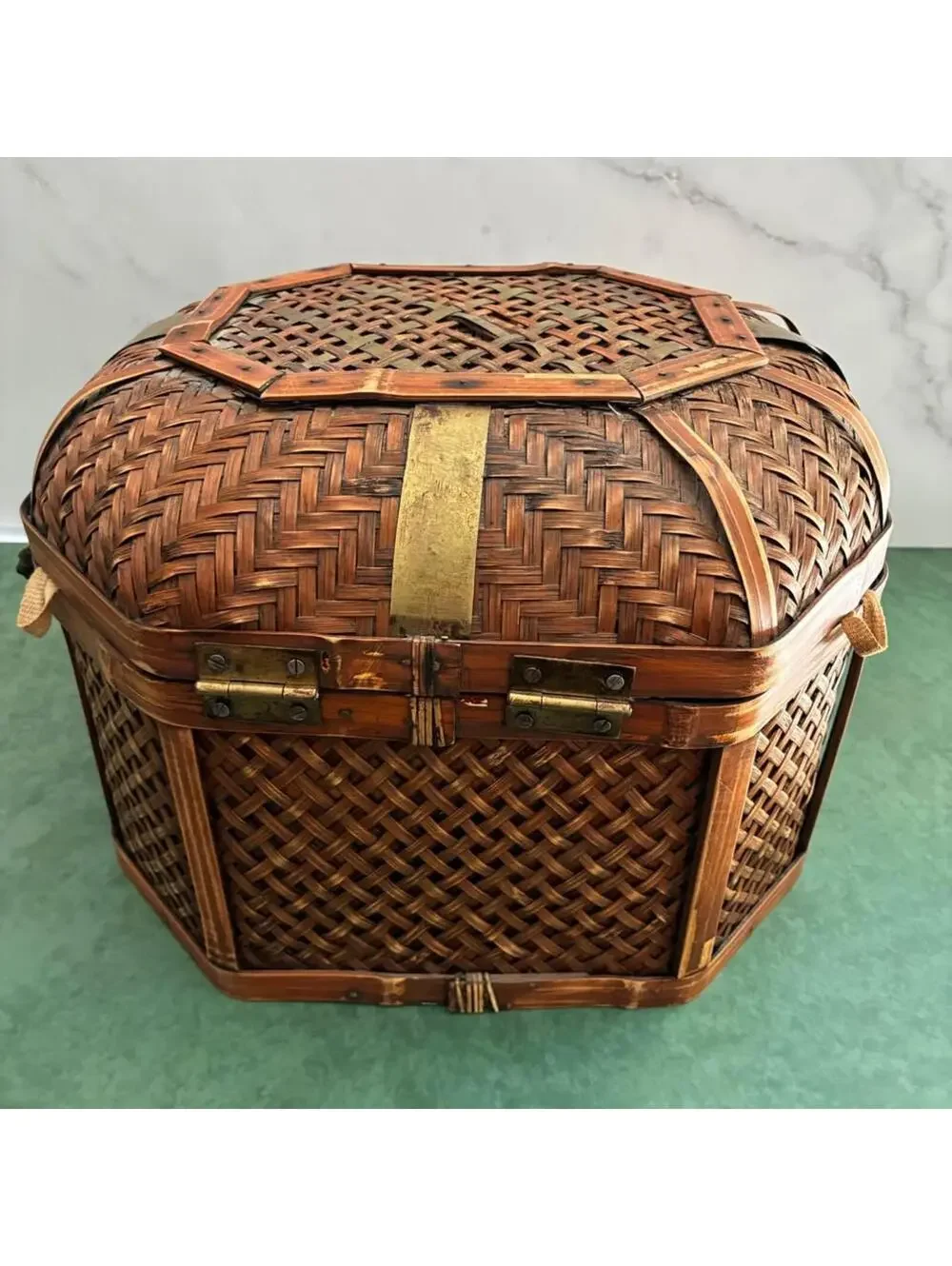 Vintage Octagonal Woven Bamboo Storage Box Basket Chest Brass Latch Asian Decor
